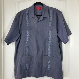 Mens Guayabera shirt with embroidered panels, charcoal gray in size XL